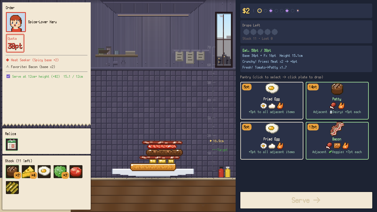 Gameplay: dropping ingredients onto the plate to build a burger