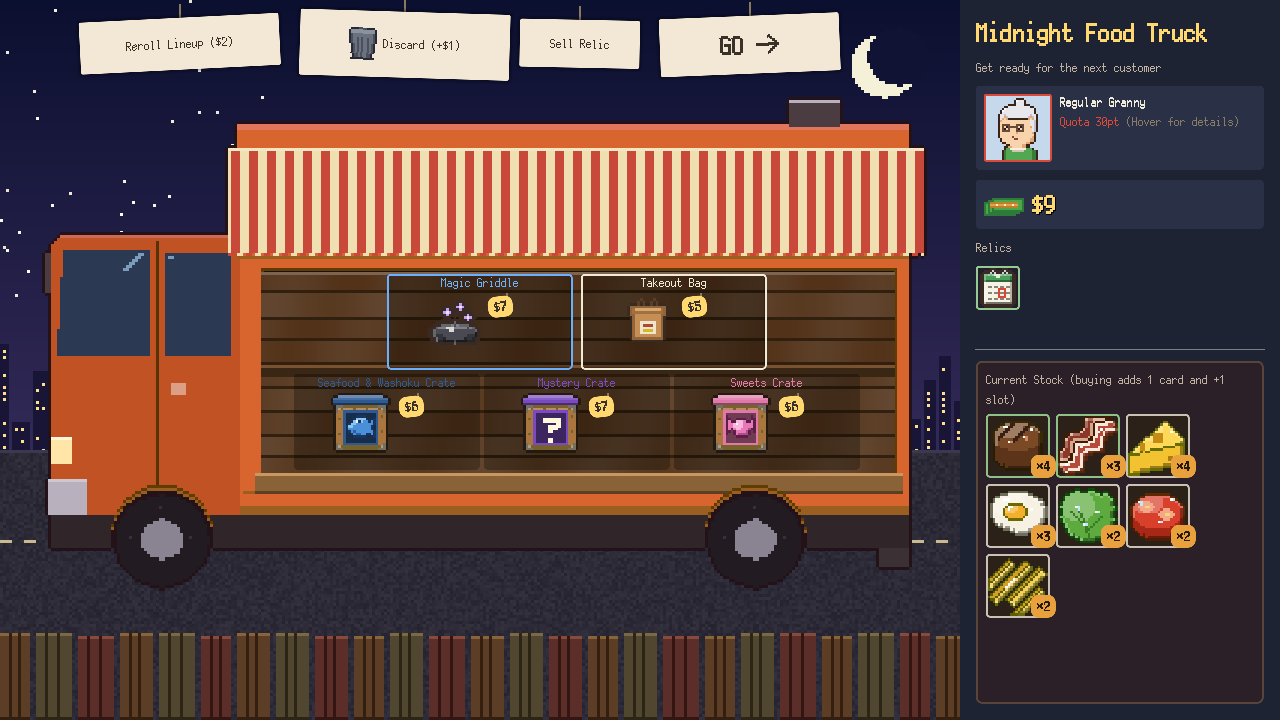 The night food truck shop selling crates and relics