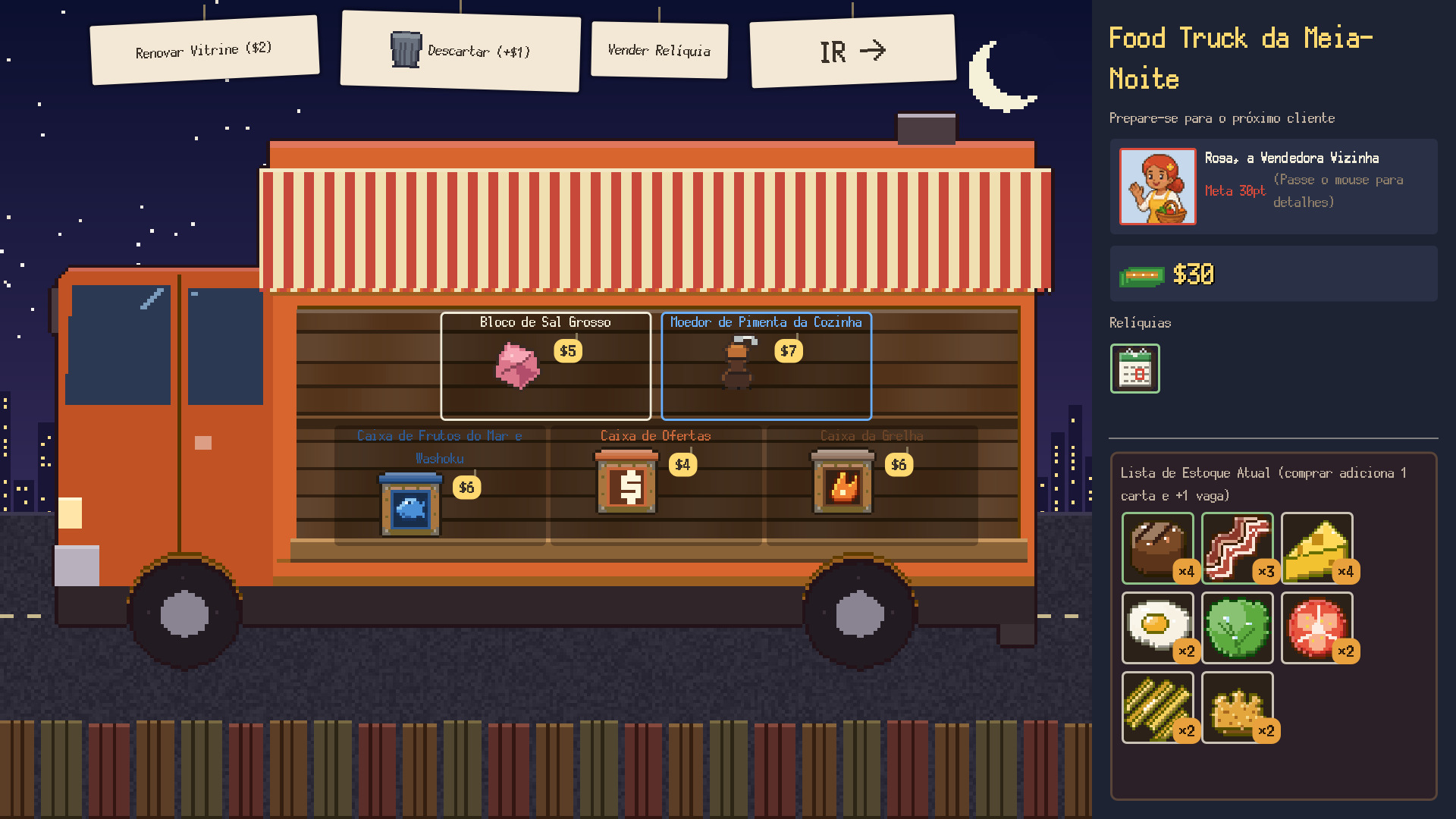 O food truck da noite com caixas e relíquias